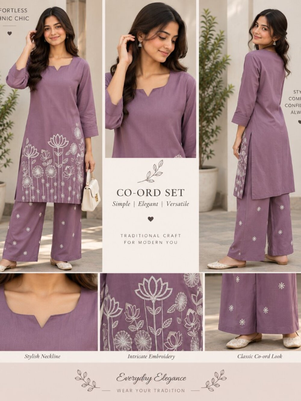 Mauve Purple Embroidered Tunic Dress & Pants Set